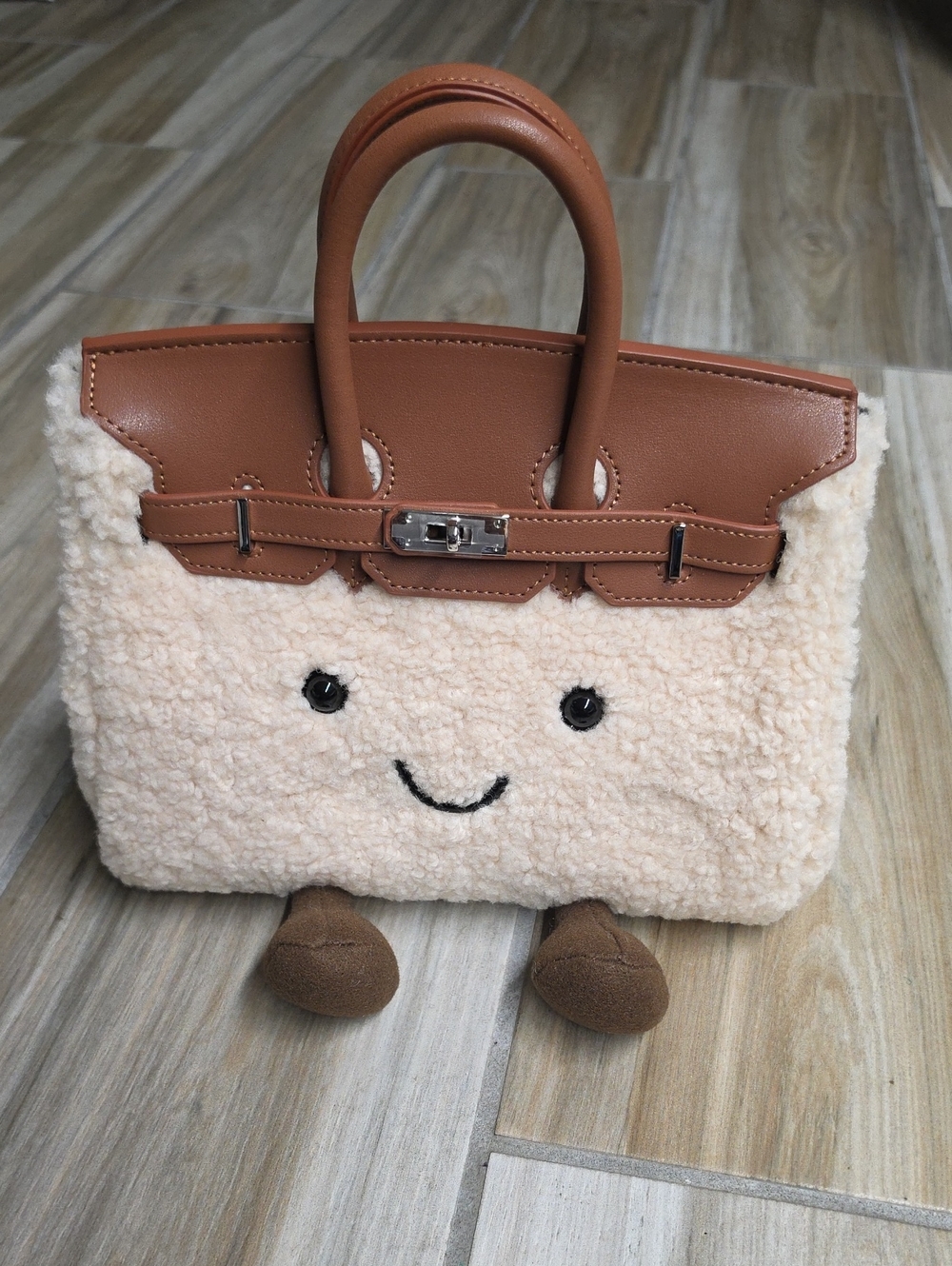 Jellycat Style Birkin Doll Shearling Plush Bag/Cognac Faux Leather Trim 25cm